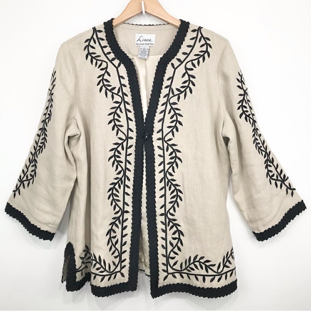 Linea Louis Dell’Olio Tan Linen Black Leaf Embroidered Pleat Trim Blazer Jacket